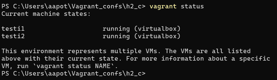 Vagrant status testi1 ja testi2