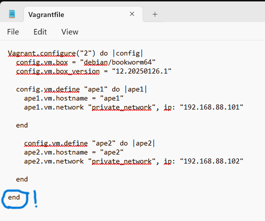 End-sana lisätty vagrantfile-tiedostoon